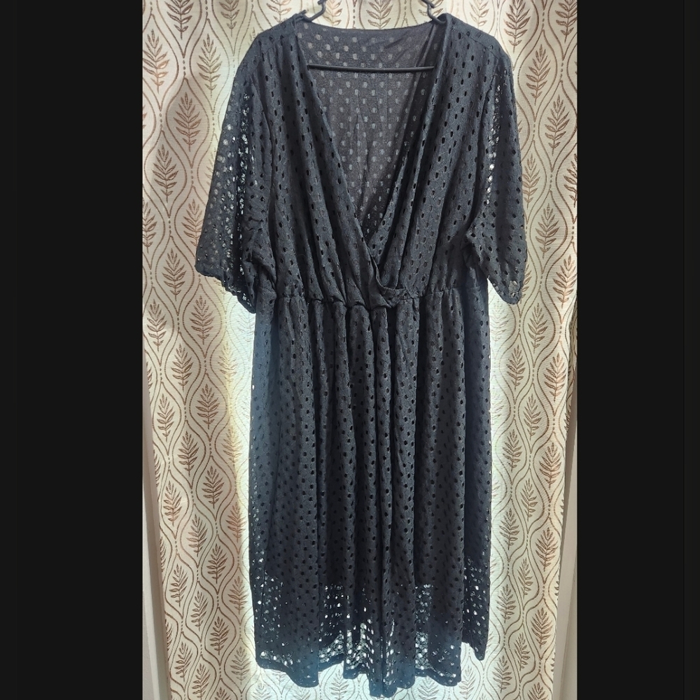 BloomChic Black Eyelet Midi Dress with Surplice Neck